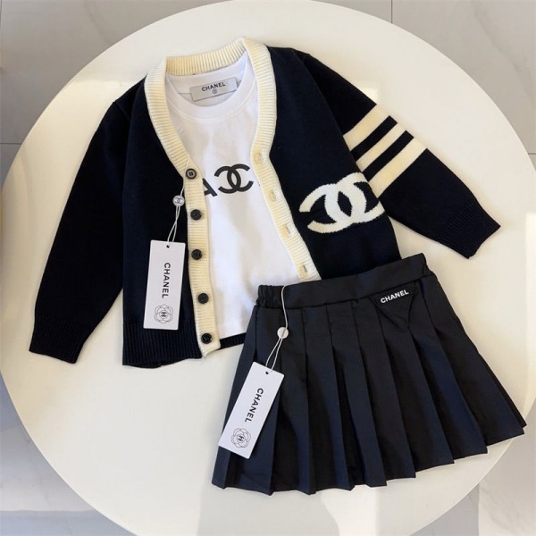 3点セットハイブランド韓国風シャネル TシャツニットVネックカーディガンミニ黒スカートchanel キッズ 激安 ブランド子ども服パロディ夏春秋冬 女の子  女児Tシャツ子供服 キッズ ベビー トップス